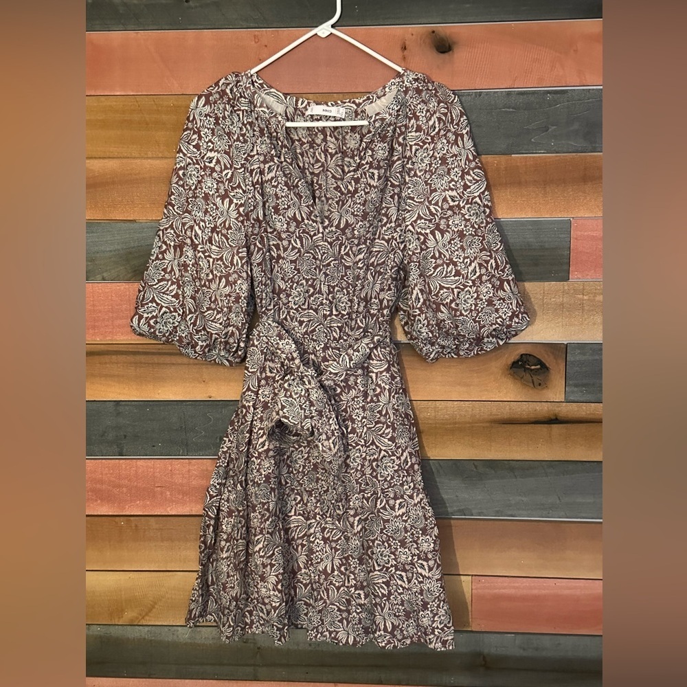 Mango brand Bordeaux burgundy and cream floral tiered mini dress - Picture 2 of 5